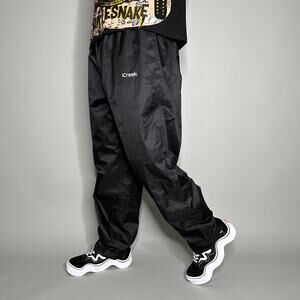Vintage Y2K iCreek Track Pants Mens L Baggy Wide Leg Fit Jet Black Polyester